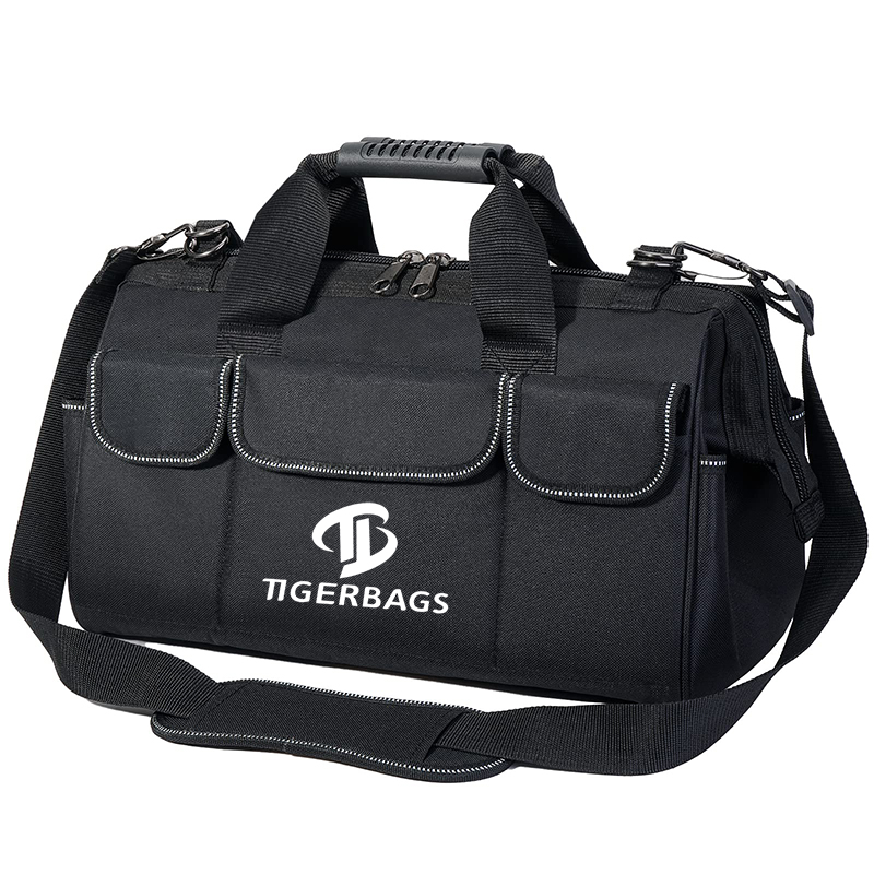 Tool bag with waterproof soft bottom multi-pocket wide mouth tool handbag with secure reflective tape