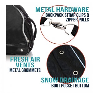 Snowboard travel luggage storage equipment includes jackets, helmets, goggles, gloves and accessories for ventilation and rope loops for snow drainage
