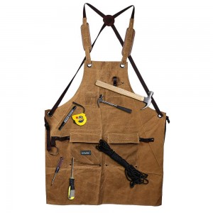 Waxed canvas shop aprons for men and women. Woodworking apron with pocket heavy duty work apron. High volume tool apron with adjustable cross strap
