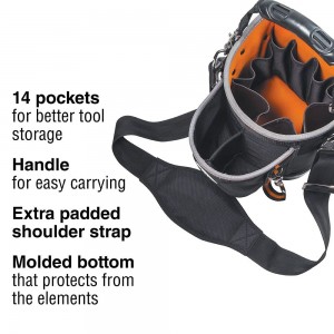 The kit with shoulder strap has 14 pockets for storing tools and can accommodate long screwdrivers