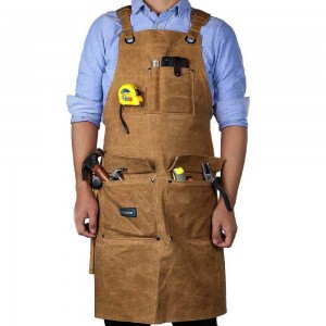 Waxed canvas shop aprons for men and women. Woodworking apron with pocket heavy duty work apron. High volume tool apron with adjustable cross strap