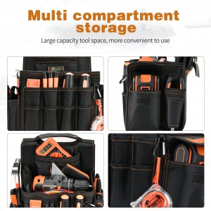 Multiple pockets and loops for tool organizer utility bag with adjustable belt and shoulder strap