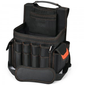 Multiple pockets and loops for tool organizer utility bag with adjustable belt and shoulder strap