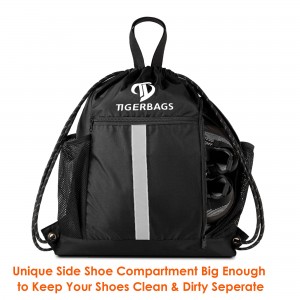 High capacity drawstring backpack exercise gym bag with shoe compartment