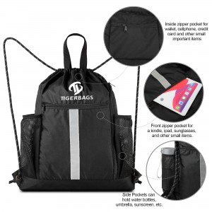 High capacity drawstring backpack exercise gym bag with shoe compartment