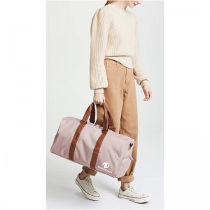 Medium size travel bag, light grey/tan synthetic leather trendy duffel bag