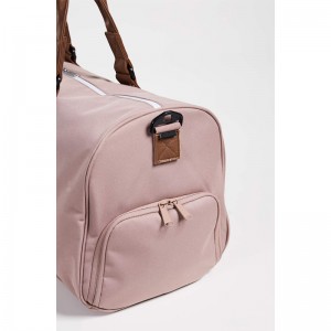 Medium size travel bag, light grey/tan synthetic leather trendy duffel bag