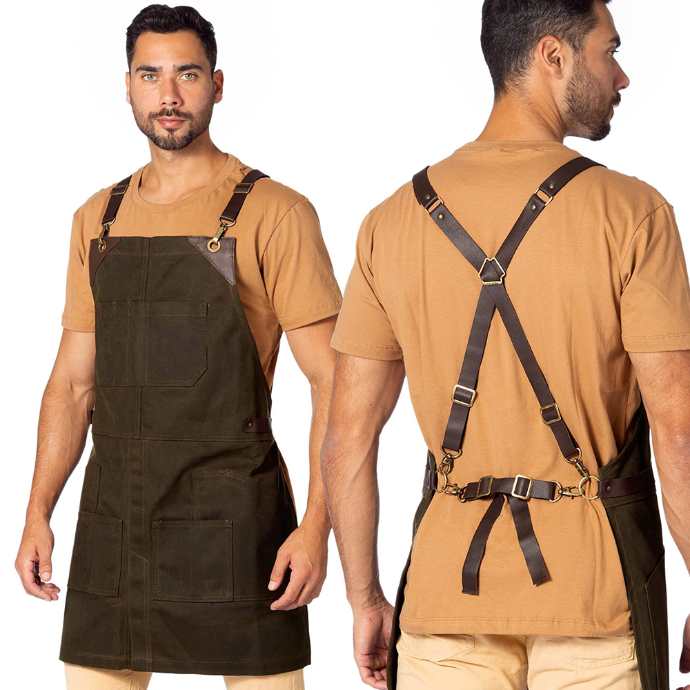 Green apron – cross strap leather straps, heavy duty waxed canvas and split legs – adjustable for men and women