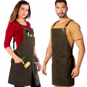 Green apron – cross strap leather straps, heavy duty waxed canvas and split legs – adjustable for men and women