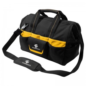 Black polyester pocket kit with adjustable shoulder strap customized