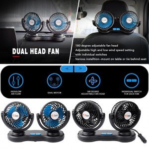 Dual Head Car Fans 12V USB Rechargeable Fan Electric 2 Speed Car Cooling Fan for Car SUV RV Boat Auto Vehicles