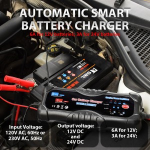 Universal Intelligent Car Battery Charger 12V 24V 6A Auto Battery Pulse Charger Waterproof Design