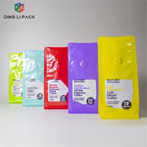 Custom Printed Coffee Packaging 8 Side Seal Flat Bottom Zipper Bag with Valve for Coffee Beans/Powder