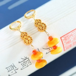 S925 Silver Gold Plated Silver Plated Plant Amber Long Drop Earrings  Q1S9e681