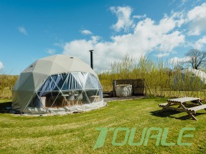 5 meter diameter family geodesic dome tent with wooden stove