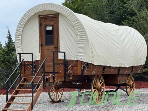 Wooden Glamping Carriage Tent with Mobile Wheel Luxury Outdoor Camping Wagon Tent