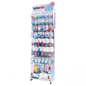 BB007 BEBENEO Single Sided Heavy Duty Baby Milk Bottle Nipple Hooks Metal Display Stand With Cross Bars And PVC Graphics