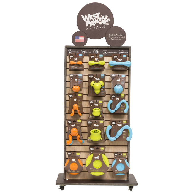 BB031 Wood Slatwall Double Sided Pet Toy Product Display Stands With Hooks and Lockers