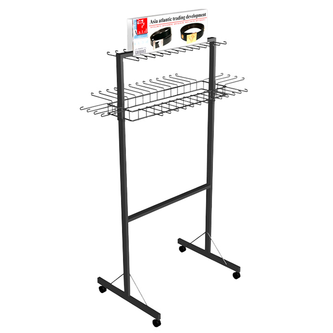 CL001 Best Sale Retail Store Metal Leather Belt 4 Sided Display Stand With Hooks And Wheels For Garment Shop