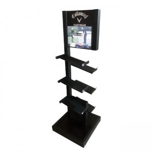 CL009 Customized Metal Tube And Wood Golf Shoe Shelving Retail Display Rack With PVC Graphics