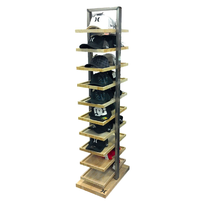 CL084 Floor Standing Wood Shelf Cap Stand Hat Display Rack For Retail Store With Tiers For Garment Shop
