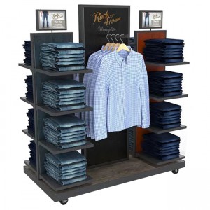CL177 Exclusive Garment Store Wood Texture Melamine Board Apparel Shirt Pants Clothing Shelves Double Sided Display Stand