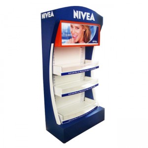 CM001 NIVEA Personal Salon Care Shampoo Body Wash Wood & Metal Floor Display Shelf For Retail Store With Light Box