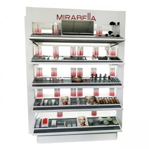 CM007 MIRABELLA Store Customized Cosmetics Eyelash Foundation Makeup 5 Shelves Wooden Display Stands With Mirror