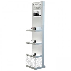 CT128 Kerastase Customized Design Freestanding Wood And Acrylic 3 Tiers Hair Products Shampoo Conditioner Display Stand With Vedio Screen And Lighting