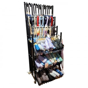 CT140 Boutique Store Folding And Straight Umbrella Retail Metal Rack Tube Floor Display Stand With 3 Wire Shelves And Wheels