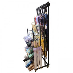 CT140 Boutique Store Folding And Straight Umbrella Retail Metal Rack Tube Floor Display Stand With 3 Wire Shelves And Wheels