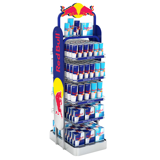 FB016 Red Bull Supermarket Double Sided Functional Beverage Drinking Retail Stands Display With Shelves