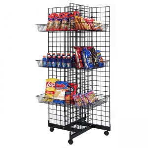 FB203 – 4 Sided Design Metal Wire Panels And 12 Baskets Standing Display Rack With Wheels For Snacks And Beverage