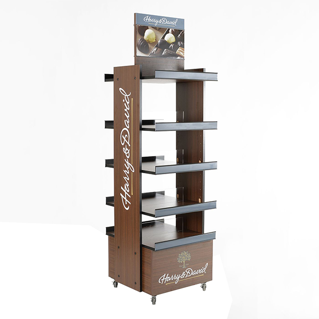 FB210 Supermarket Snacks Chocolate Customized POS Wooden Double Sided Standing Display Rack With 5 Shelves And Price Tag