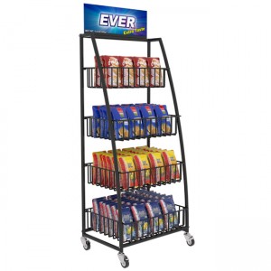 FB213 Wholesales Snack Store Potato Crisp Customized Metal Floor Standing 4 Shelving Display Stand With Wheels
