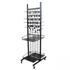 FL076 Double Sided Grid Wall Metal Floor Display Supermarket Stand Rack With Shelves And Hooks