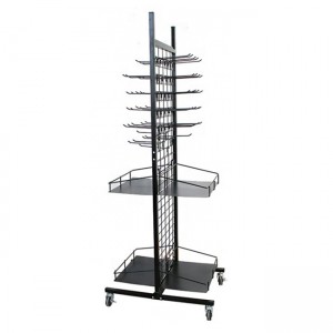 FL076 Double Sided Grid Wall Metal Floor Display Supermarket Stand Rack With Shelves And Hooks