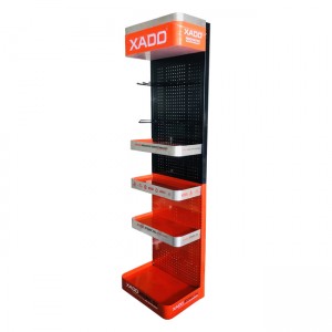 TD002 XADO Metal Tool Software 4 Shelves Display Rack Light Box Peg Boards With Hooks And Baskets