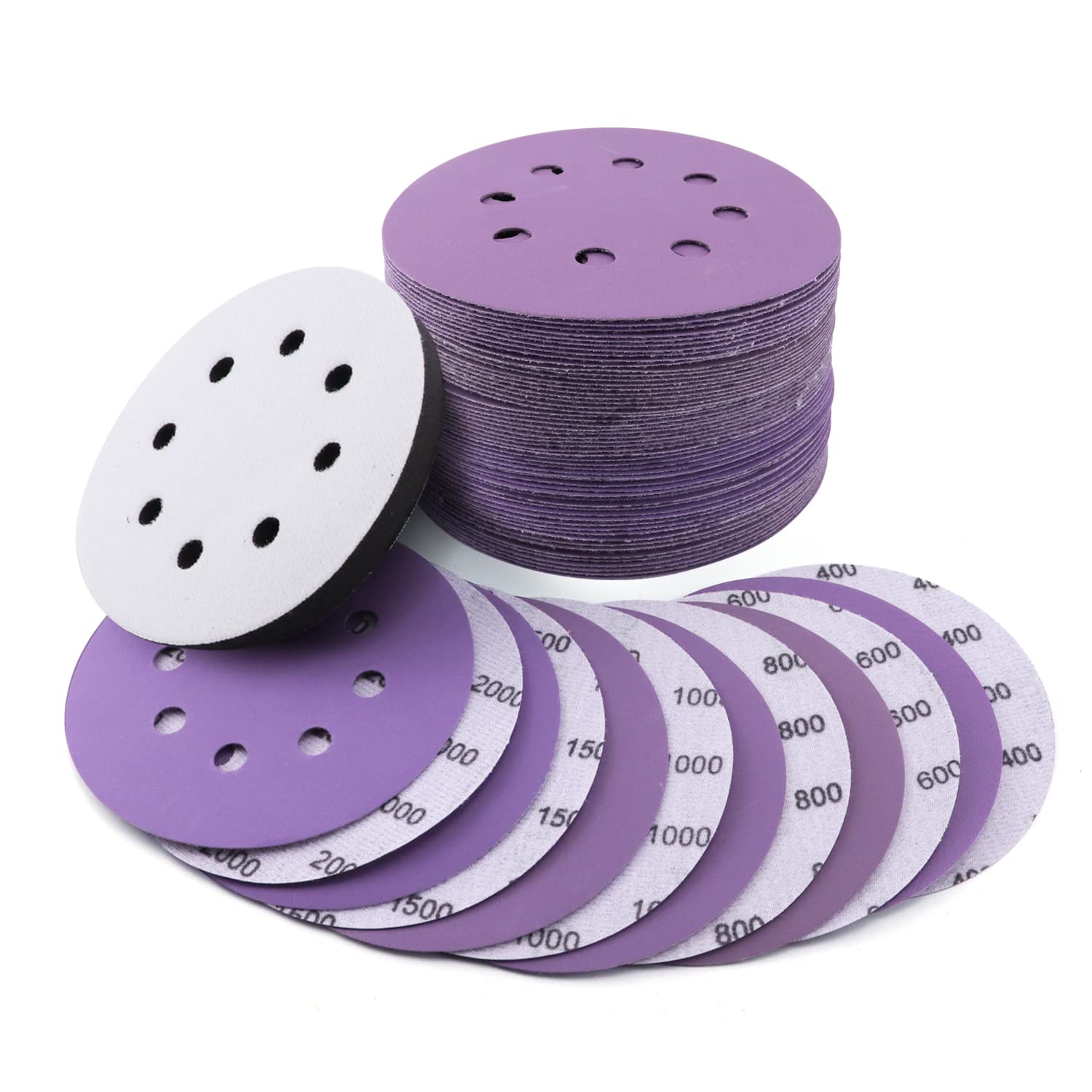8 Holes 5 Inch Sandpaper to Polishing Abrasive Paper 60 to 1200 Grits Ceramic Purple Hook And Loop Sanding Disc
