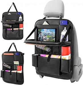 Car backseat organizer has a foldable dining table