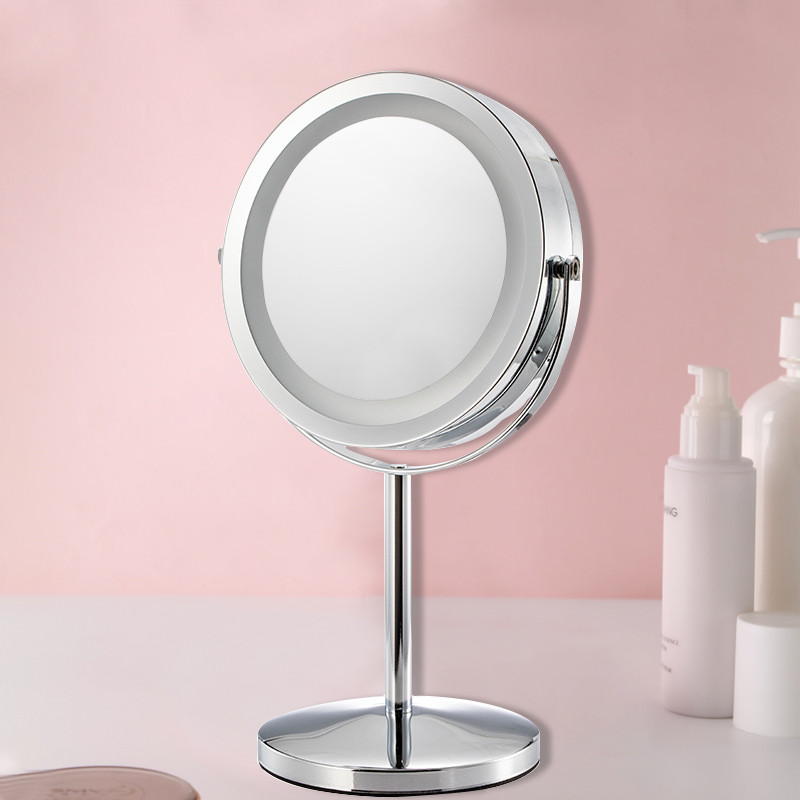 Led Round 7-Inch Cosmetic Mirror Double-Sided 360-Degree Rotation Customized Logo Iron Chrome Tabletop Mirror Bracket 3