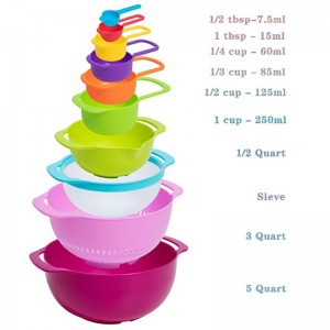 Colorful Kitchen Bowls Colander Mesh Strainer with Handles Stackable Measuring Cups and Spoons