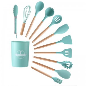 Non-Stick Silicone Cooking Utensils Set with Holder, Sturdy Wooden Handle
