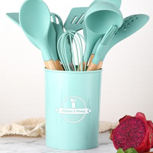 Non-Stick Silicone Cooking Utensils Set with Holder, Sturdy Wooden Handle