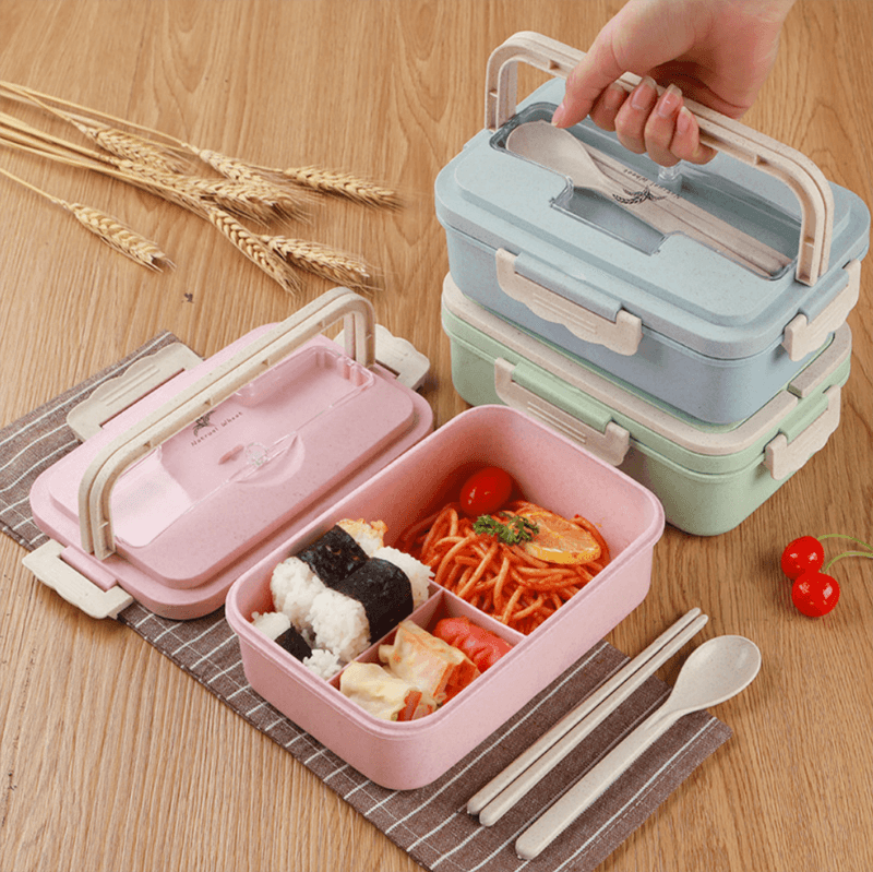 Wheat Straw Microwavable Lunch Box with Stainless Steel Utensils 1000ml Pink