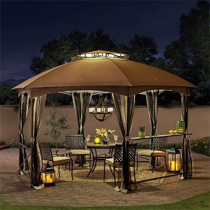 Steel Double Roof Hexagon Outdoor Gazebo Canopy Shelter with Netting & Curtains Solid Steel Frame for Garden, Lawn, Backyard and Deck