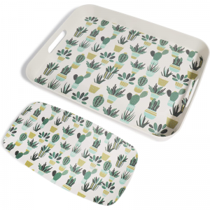 2 Pack Bamboo Fiber Serving Trays, Decorative Serving Trays with Handles, Eco Friendly Serving Platters for Kitchen Countertop,Tabletop, Parties 16″ x 12″, Green Cactus Prints