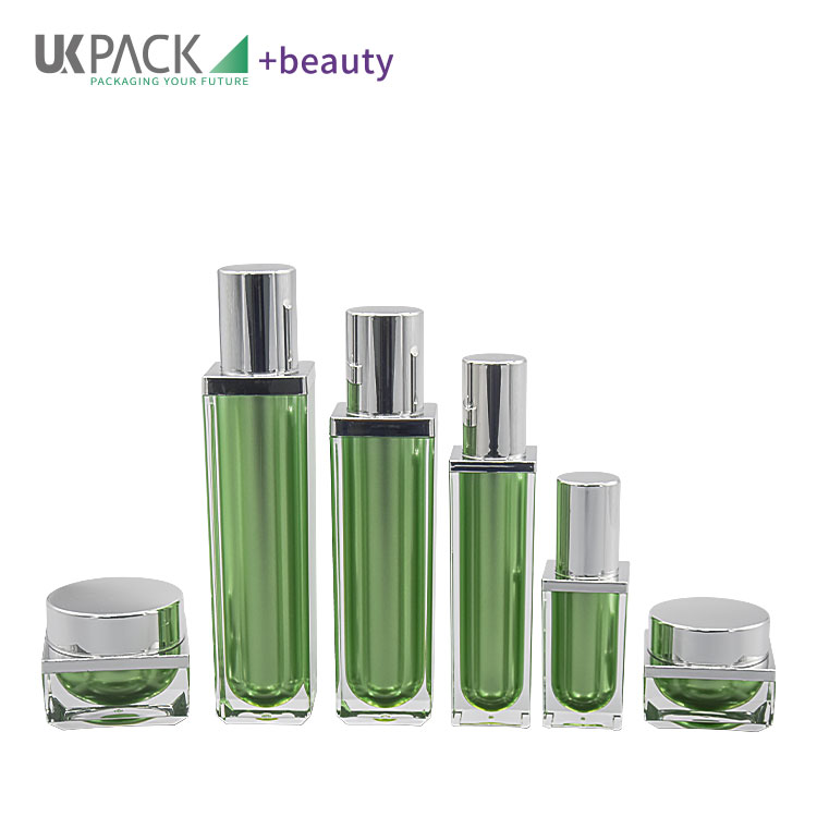 Square Acrylic green jar lotion bottle set wholesale cosmetic container suit