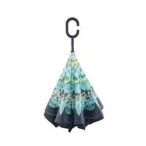 Promotion Custom Logo Printed Double Layer Inverted Car Reverse Umbrella with C-Shaped Handle