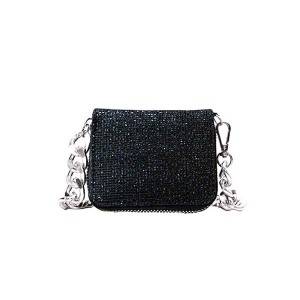 Vintage PU Leather Handbag, Ladies Small Square Glitter Chain Strap Crossbody Evening Bags, Black